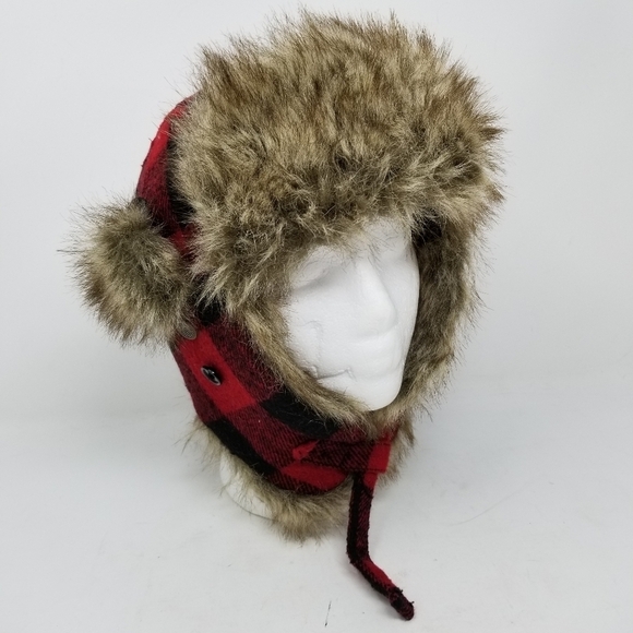 Vintage Crown Co Trapper Hat Faux Fur Plaid Red Black Wool Blend Quilt Lining - Picture 9 of 11